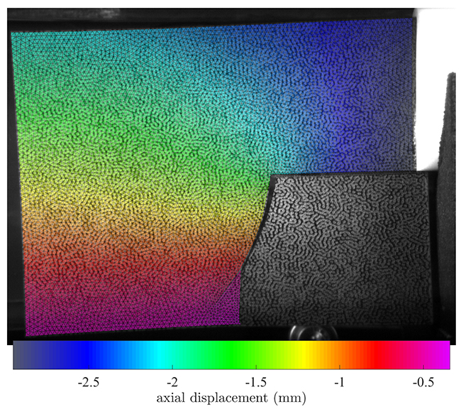 champ de deplacement mesuré par corrélation d'imges numériques lors d'un essai d'impact asymmétrique dans de PMMA filmé à 480 000 im/s. 
